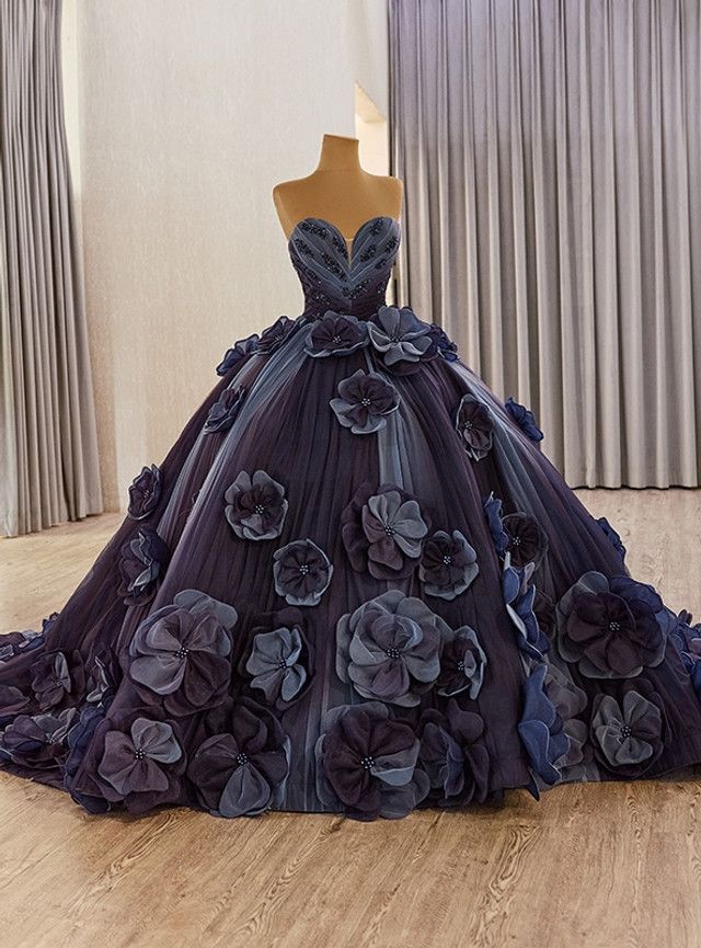 Luxurious Blue & Purple Ball Gown Beaded Quinceanera Dresses Flowers Tulle Sweet 16 Dresses D0805