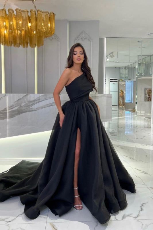Trendy One Shoulder Prom Dress Slit Tulle A-Line Evening Dress D0806