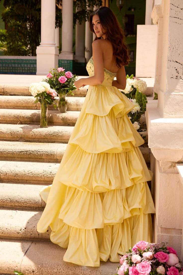 Cute Strapless Beaded Prom Dress Yellow Tiered A-Line Evening Dress D0808