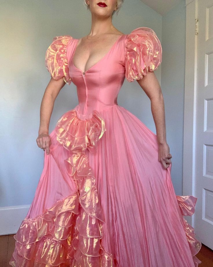 Sweet U Neck Pink Prom Dress Ruffles Short Sleeves A-Line Evening Dress D0812