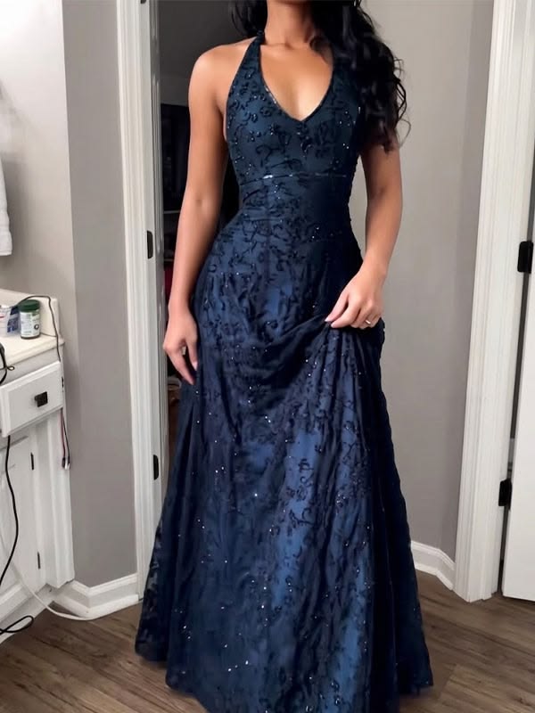 Classical Halter Neck Prom Dress Navy Blue Sequins A-Line Evening Dress D0815