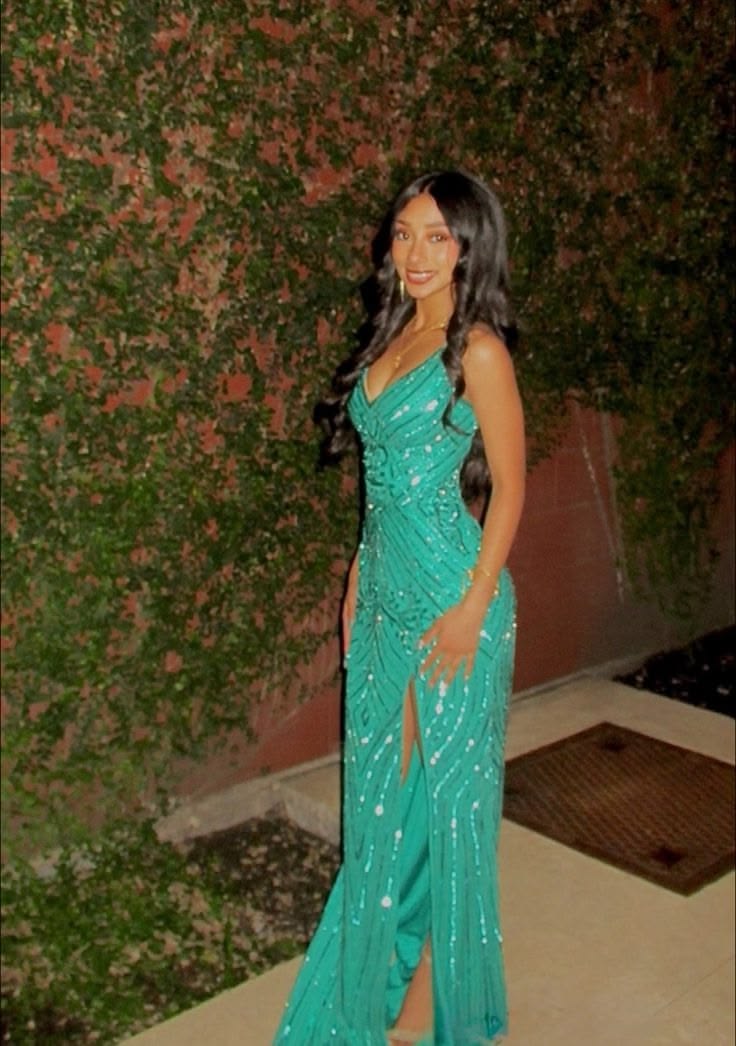 Shiny Spaghetti Straps Slit Prom Dress Green Beaded Mermaid Evening Dress D0820