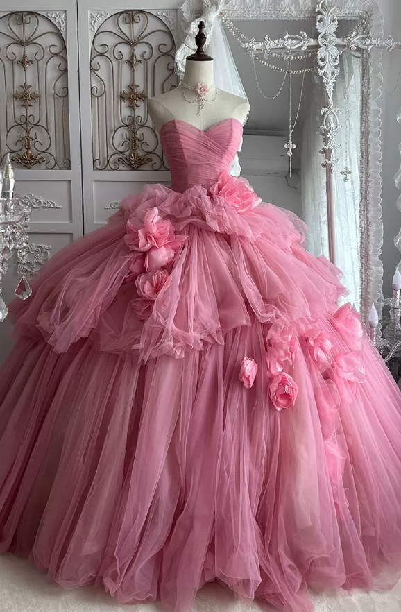 Cute Strapless Ball Gown Pink Flowers Quinceanera Dresses Tulle Sweet 16 Dresses D0824