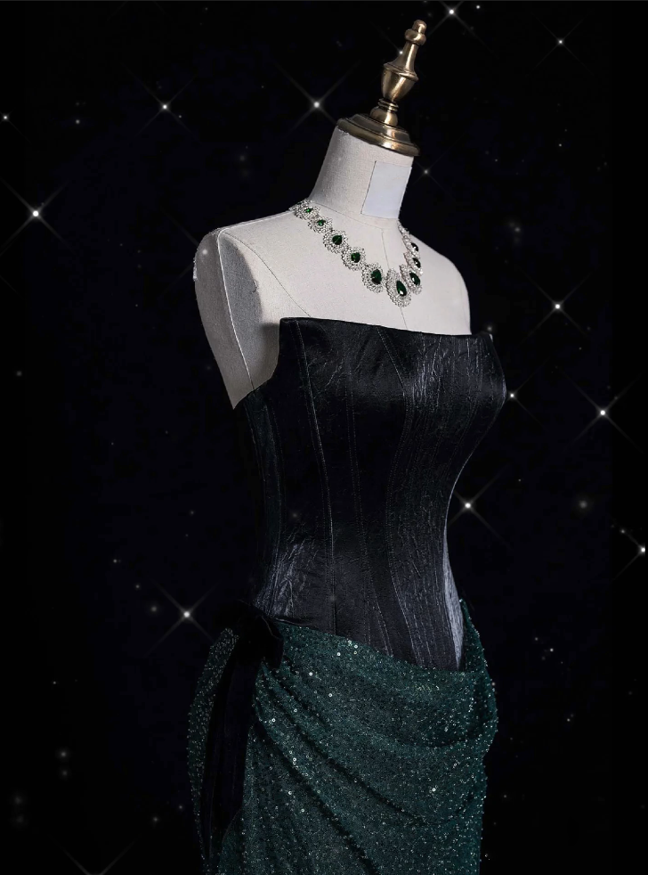 Robe de soirée longue élégante à paillettes et bretelles style sirène verte C3166