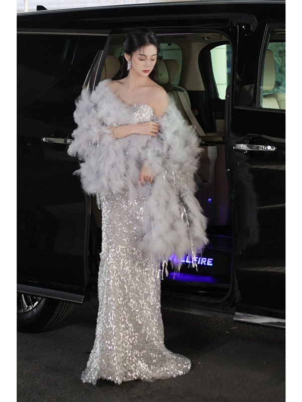 Elegant Mermaid Sweetheart Neckline Silver Sequin Evening Dress Long Prom Dresses C3511