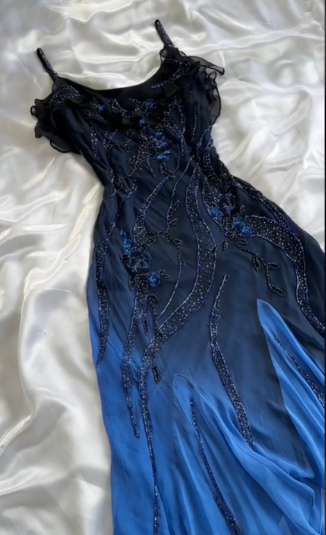 Elegant A Line Spaghetti Straps Navy Blue Chiffon Beads Long Prom Dresses Formal Dress C2743