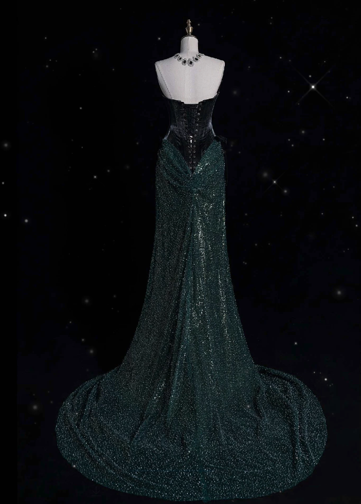 Robe de soirée longue élégante à paillettes et bretelles style sirène verte C3166