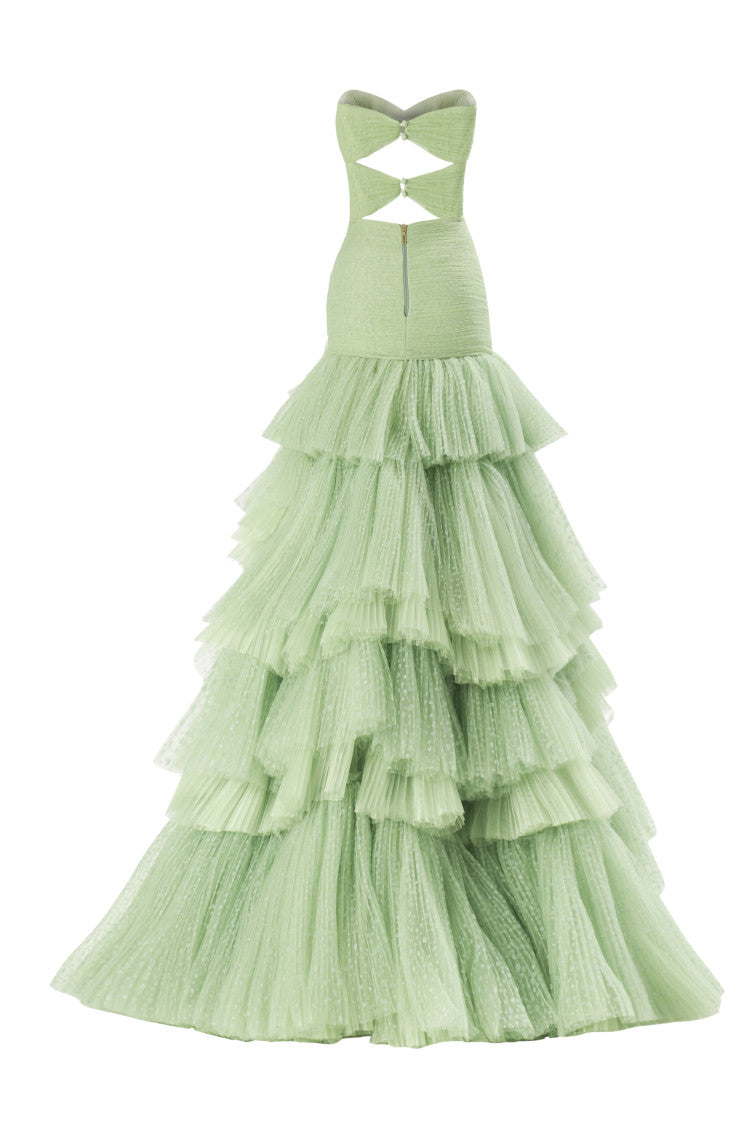 Sexy High Low Strapless Sage Green Tulle Long Prom Dresses C595