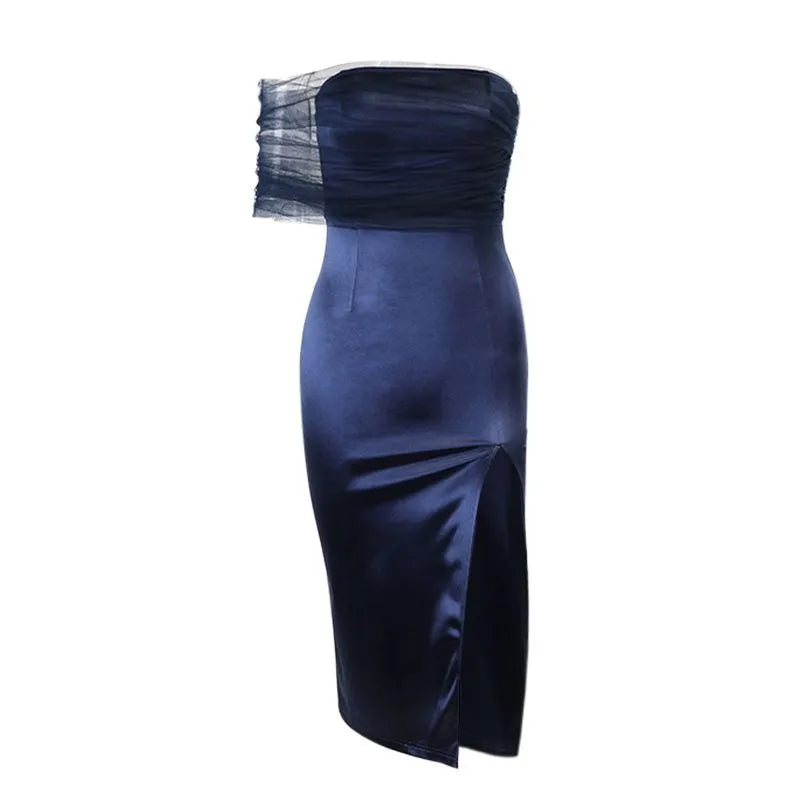 Elegant Sheath Off The Shoulder Tulle Navy Blue Slit Prom Dresses Evening Dress C2763