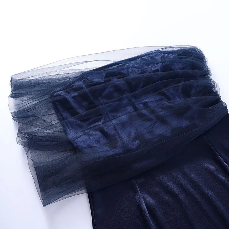 Elegant Sheath Off The Shoulder Tulle Navy Blue Slit Prom Dresses Evening Dress C2763