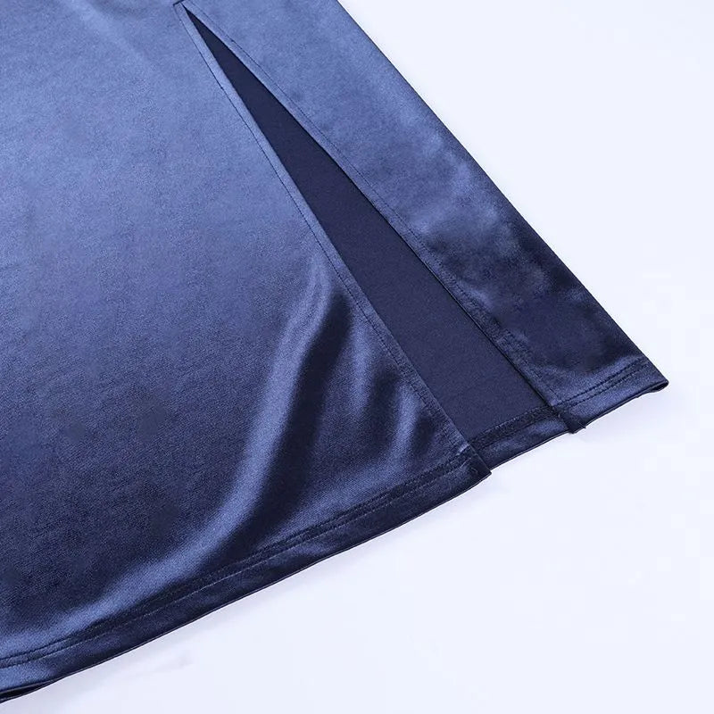 Robe de soirée élégante en tulle bleu marine avec fente et épaules dénudées C2763