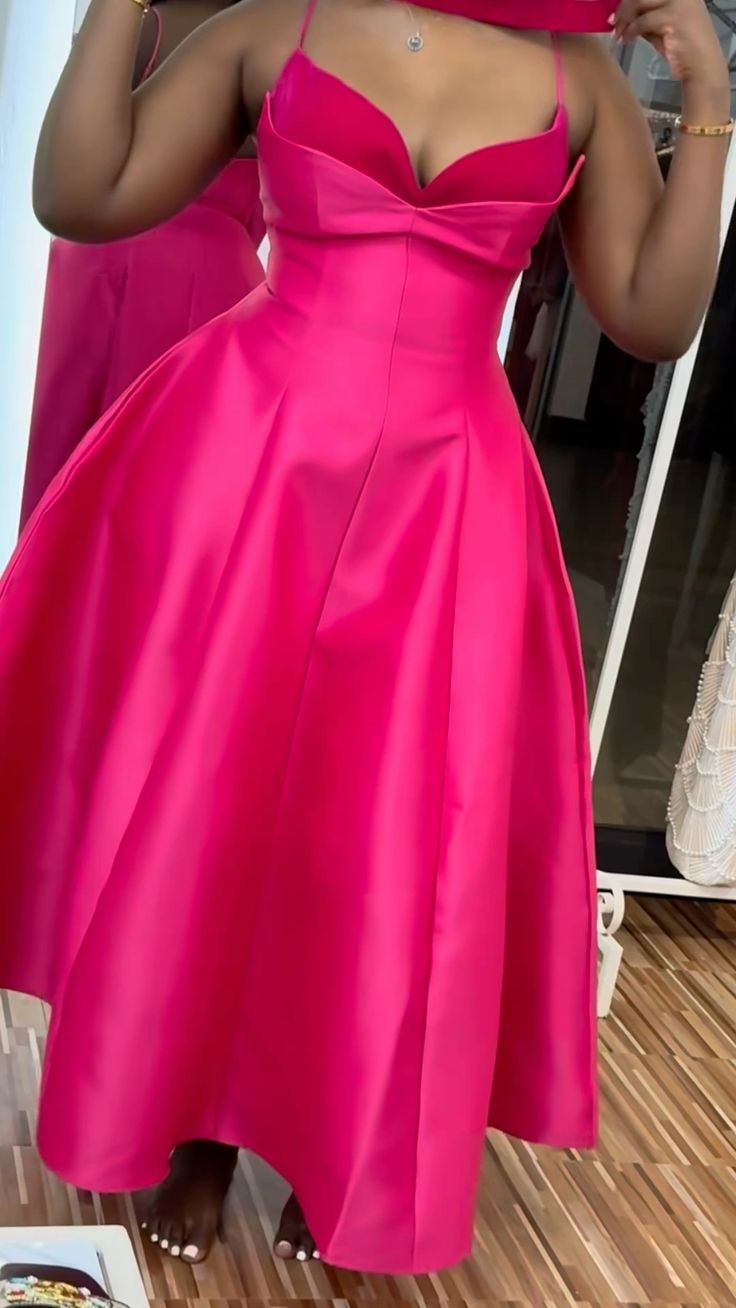 Vintage A line Spaghetti Straps Hot Pink Satin Evening Dress Ankle Length Prom Dresses BD2509