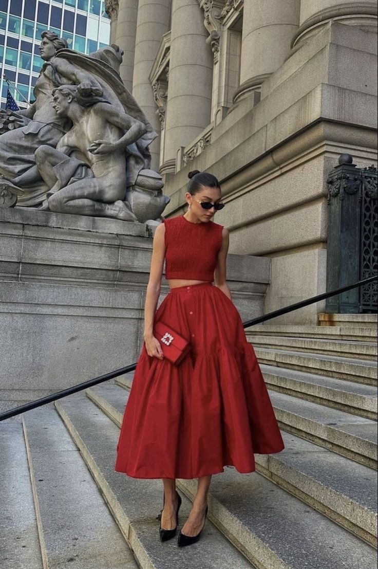 Simple 2 Pieces Red Satin Evening Dress Ankle Length Prom Dresses BD2514