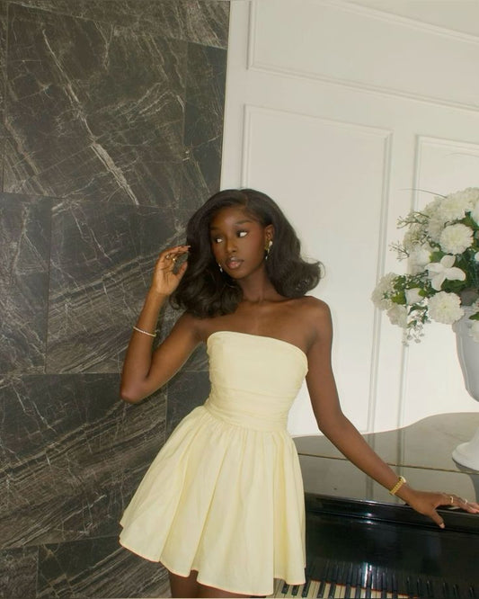 Robe de soirée courte en satin jaune clair sans bretelles, ligne A, chic, robe de soirée BD2521