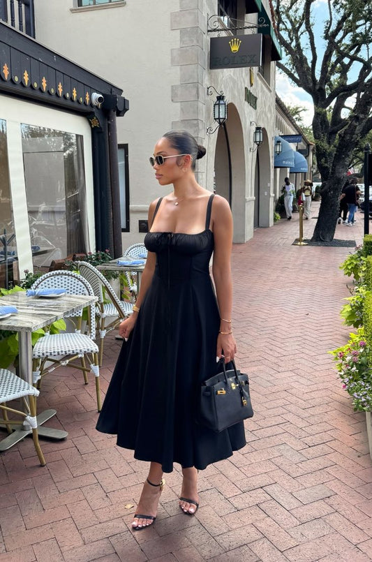 Robe de soirée simple à bretelles en ligne A noire sans manches BD2531