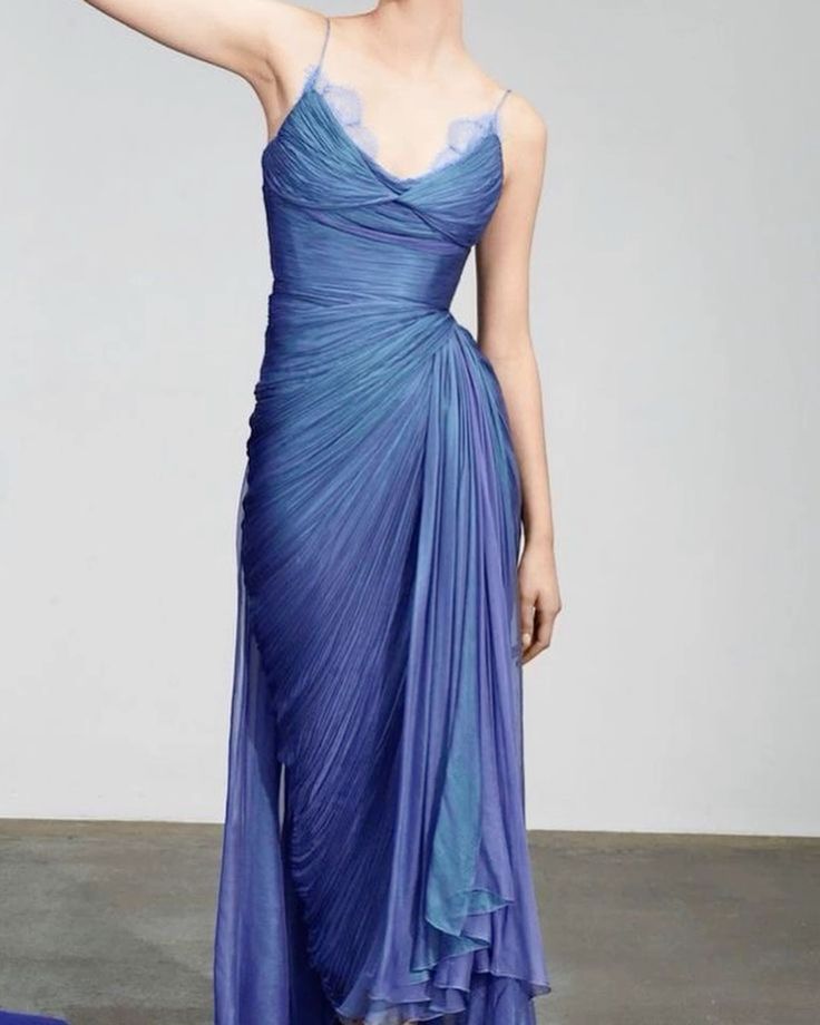 Pretty A line Spaghetti Straps Blue Chiffon Long Evening Dress Floor Length Prom Dresses BD2533