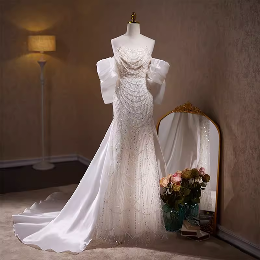 Luxury Mermaid Sweetheart Tulle Sequin White Wedding Dresses With Removable Bownot B044