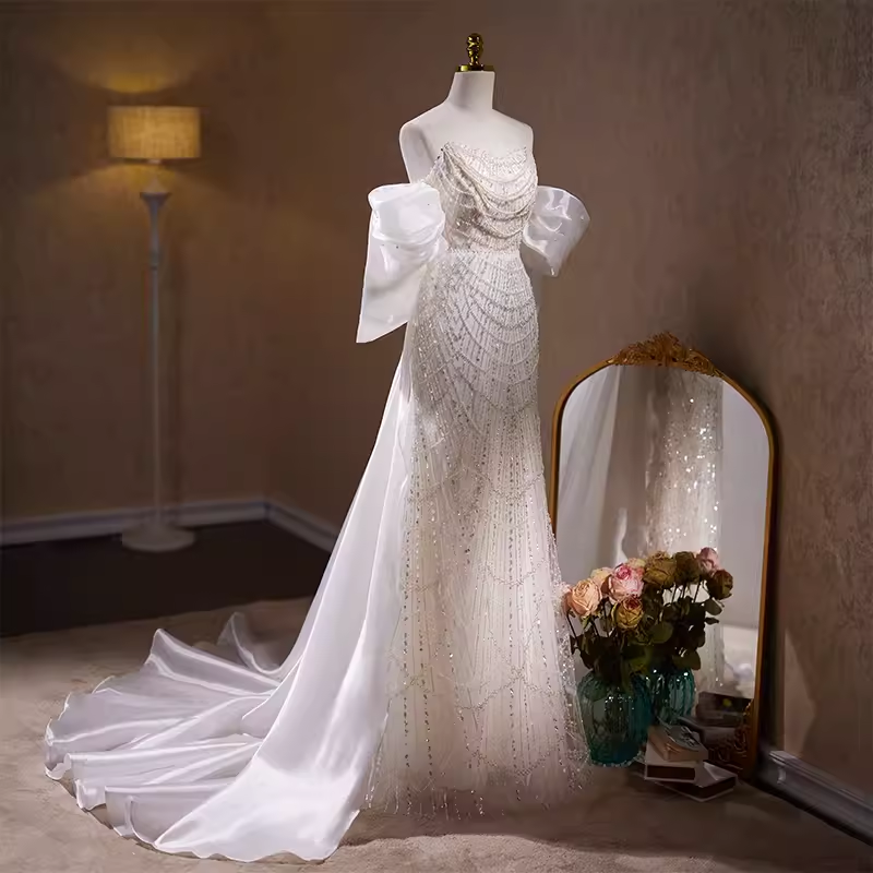 Luxury Mermaid Sweetheart Tulle Sequin White Wedding Dresses With Removable Bownot B044