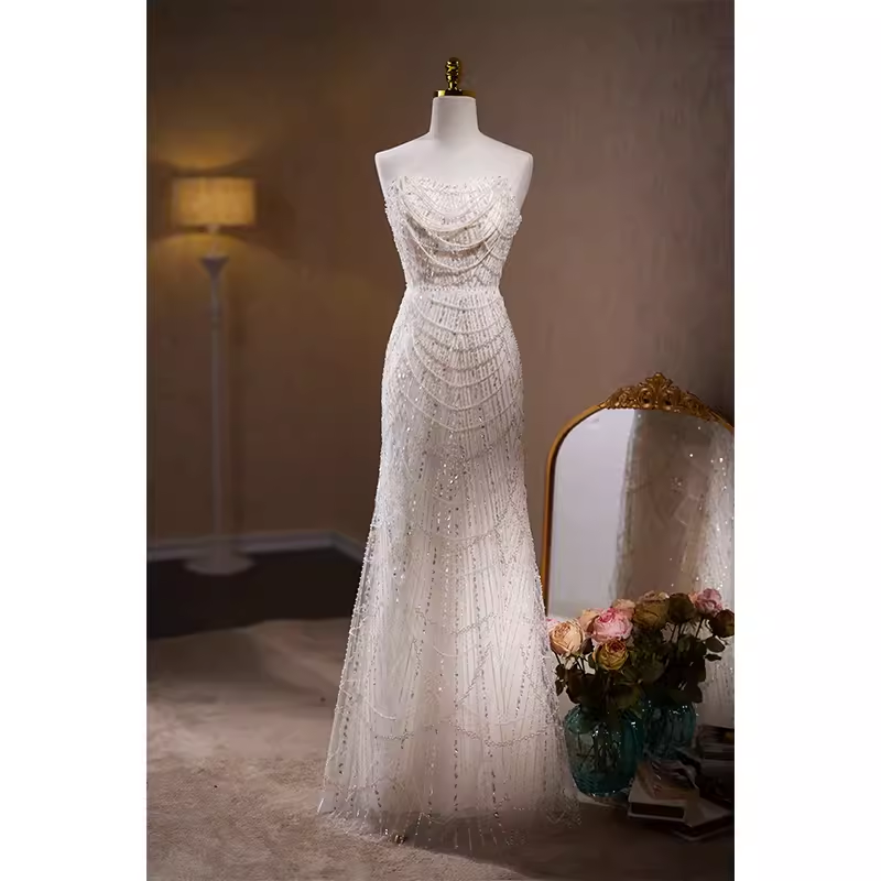 Luxury Mermaid Sweetheart Tulle Sequin White Wedding Dresses With Removable Bownot B044