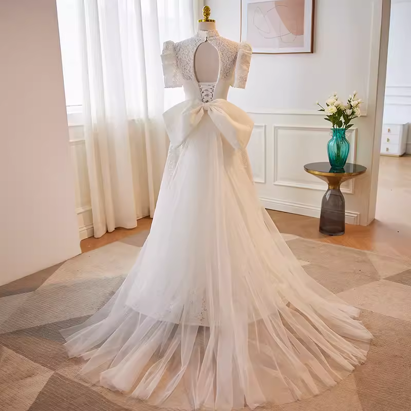 Beautiful A line High Neckline Lace White Wedding Dresses With Bownot B038