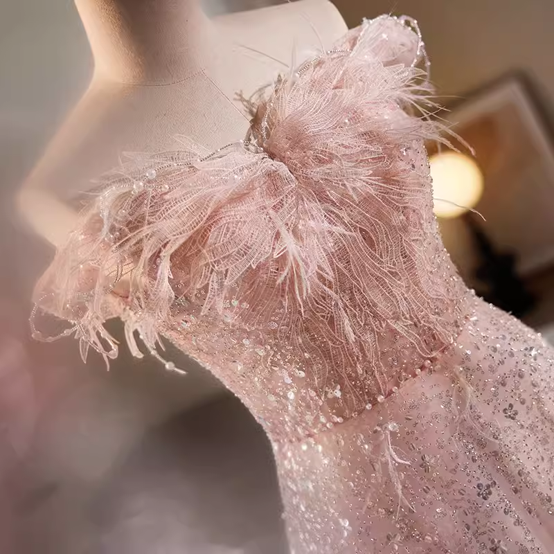 Modest A line Off The Shoulder Tulle Long Pink Prom Dress B128