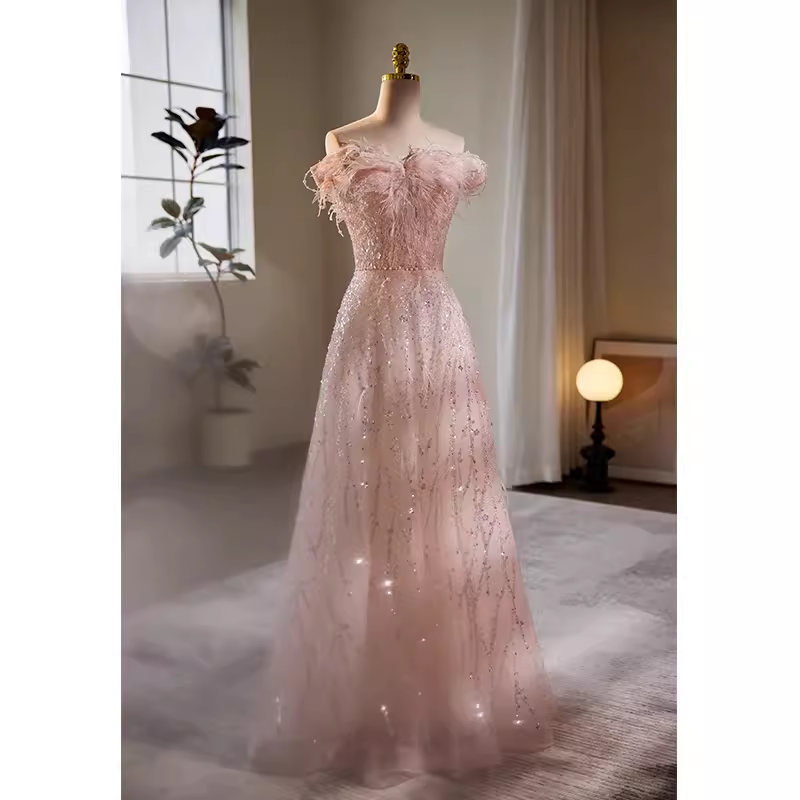 Modest A line Off The Shoulder Tulle Long Pink Prom Dress B128