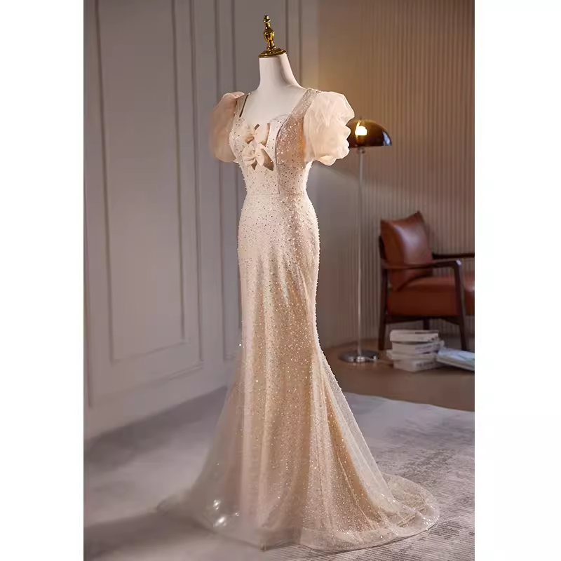 Sparkly Mermaid Champagne Sequin Long Prom Dress B131
