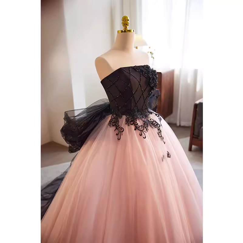 Vintage Ball Gown Strapless Tulle White Pink Sweet 16 Dresses B139