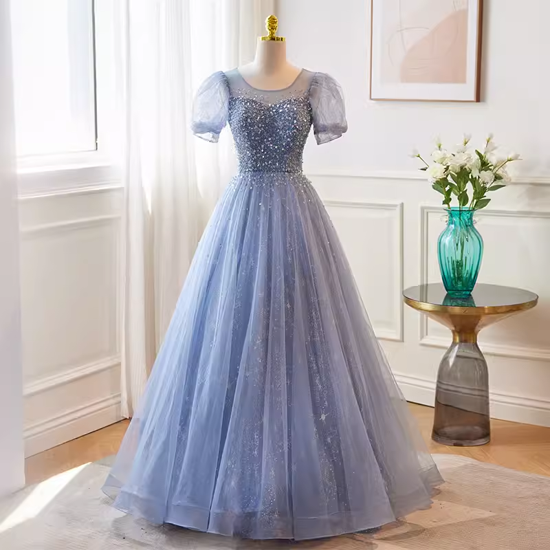Robe de bal bleue longue en tulle ligne A de luxe B140