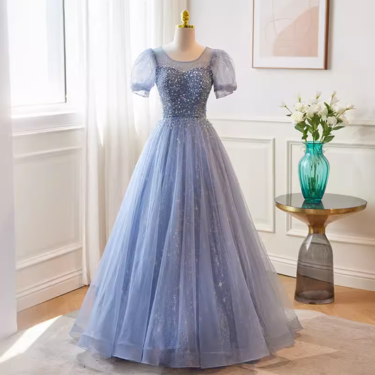 Luxury A line Scoop Tulle Long Blue Prom Dress B140