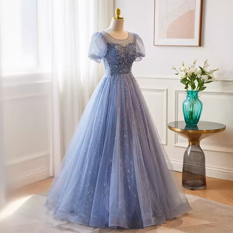 Robe de bal bleue longue en tulle ligne A de luxe B140