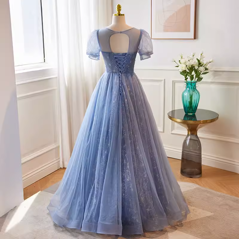Robe de bal bleue longue en tulle ligne A de luxe B140