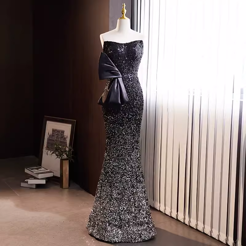 Robe de bal noire longue à paillettes, sirène de luxe, sans bretelles, B148
