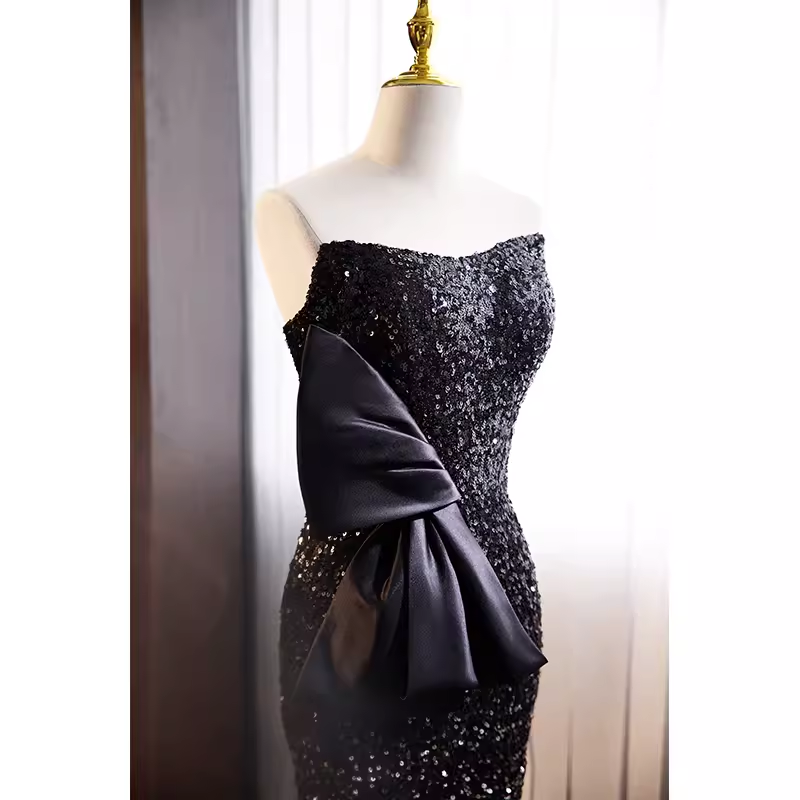 Robe de bal noire longue à paillettes, sirène de luxe, sans bretelles, B148