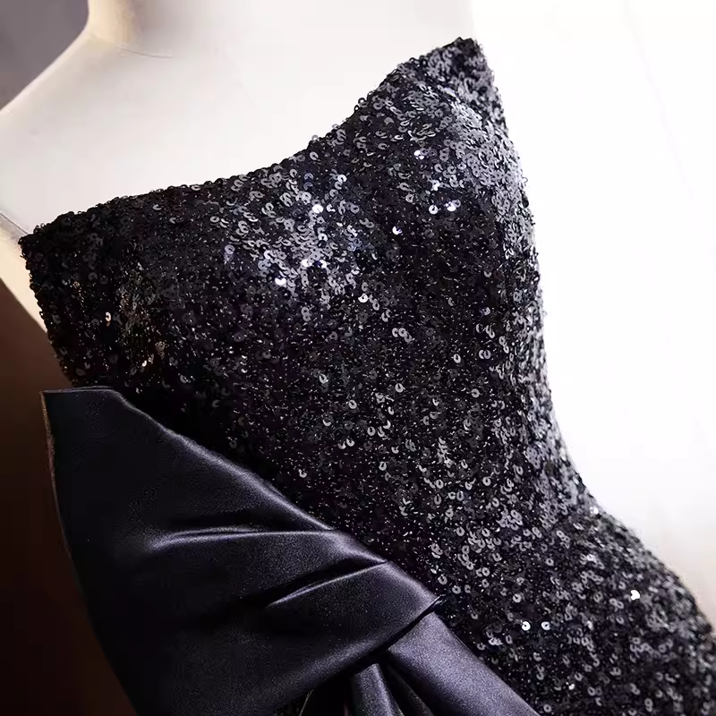 Robe de bal noire longue à paillettes, sirène de luxe, sans bretelles, B148