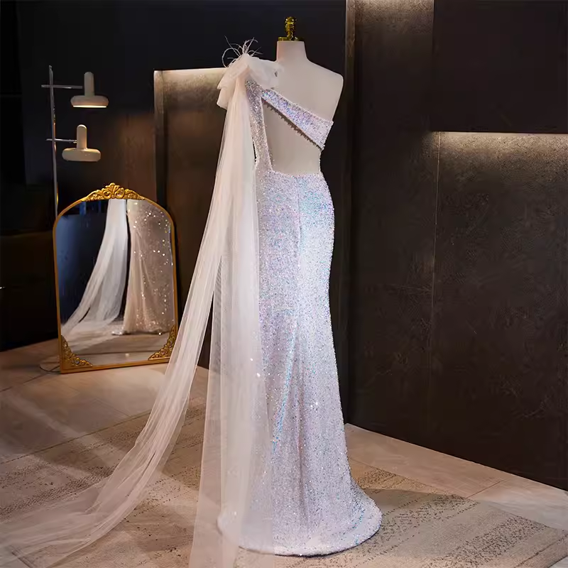 Luxury Mermaid One Shoulder Long Sequin White Prom Dress B149