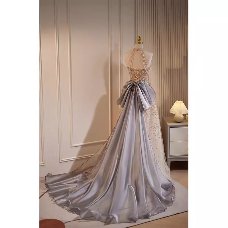 Luxury A line High Neckline Long Sequin Champagne Prom Dress B150