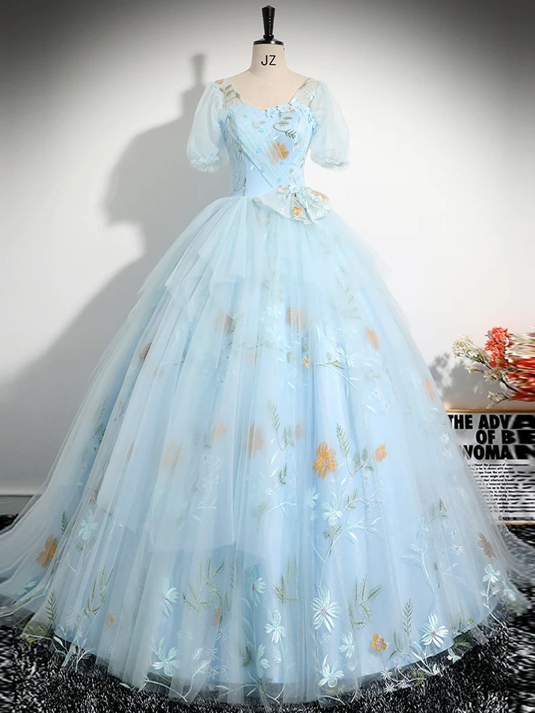 Vintage Ball Gown Blue Lace Long Sweet 16 Dress B154