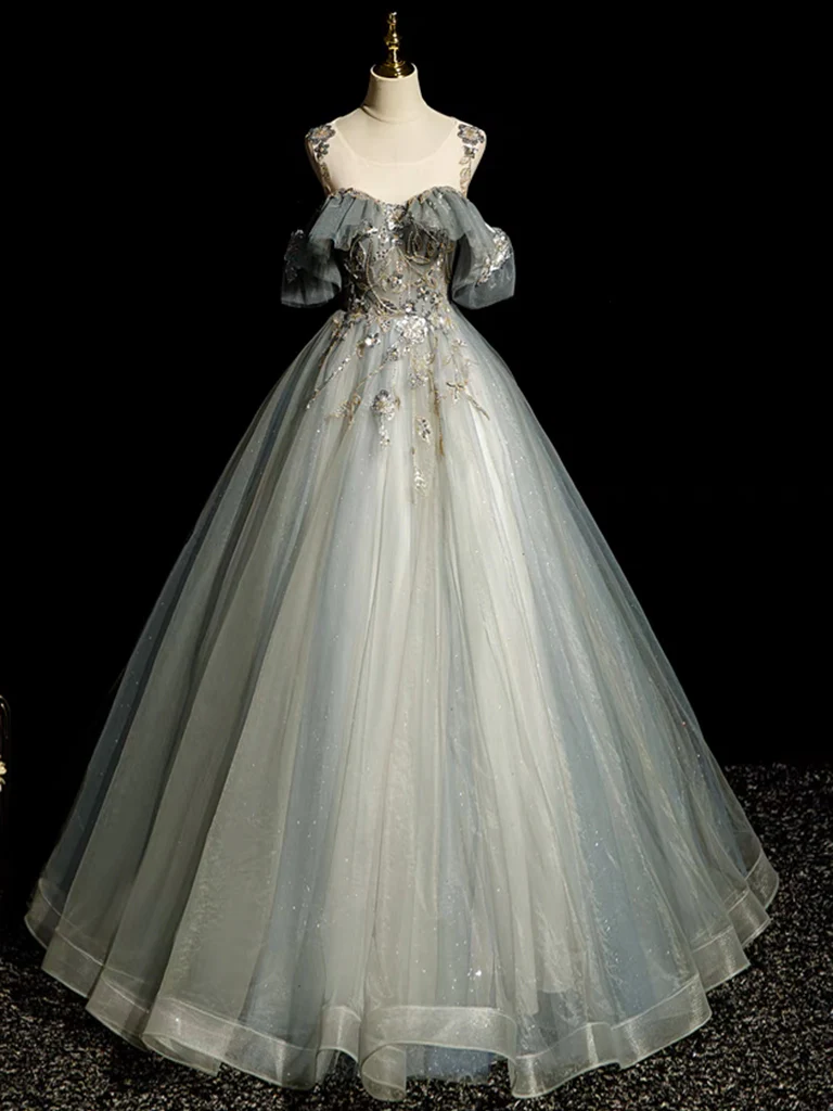 Vintage Ball Gown Tulle Sequin Lace Long Evening Dress Sweet 16 Dress B155