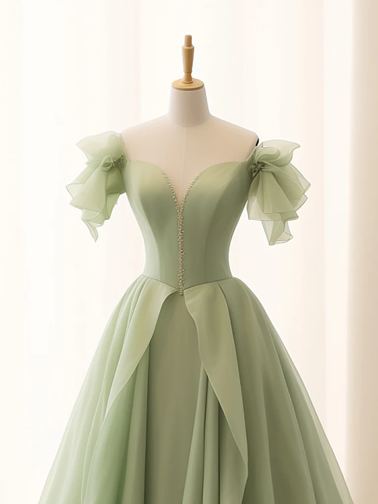 A-Line Sage Green Tulle Long Prom Dress B158