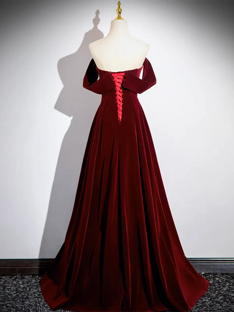 A-Line Velvet Burgundy Long Prom Dress B161