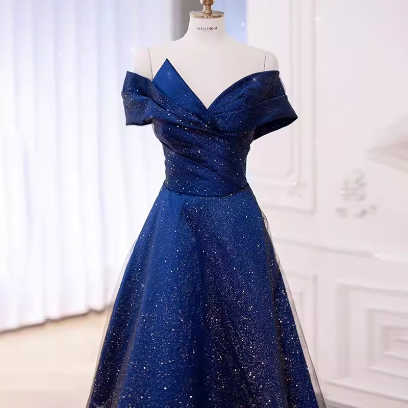 A-Line Off The Shoulder Royal Blue Sequin Long Prom Dress B163