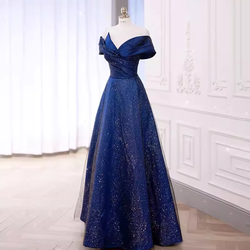 A-Line Off The Shoulder Royal Blue Sequin Long Prom Dress B163