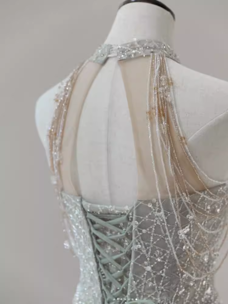 Sparkly A Line High Neckline Silver Sequin Long Prom Dress B168