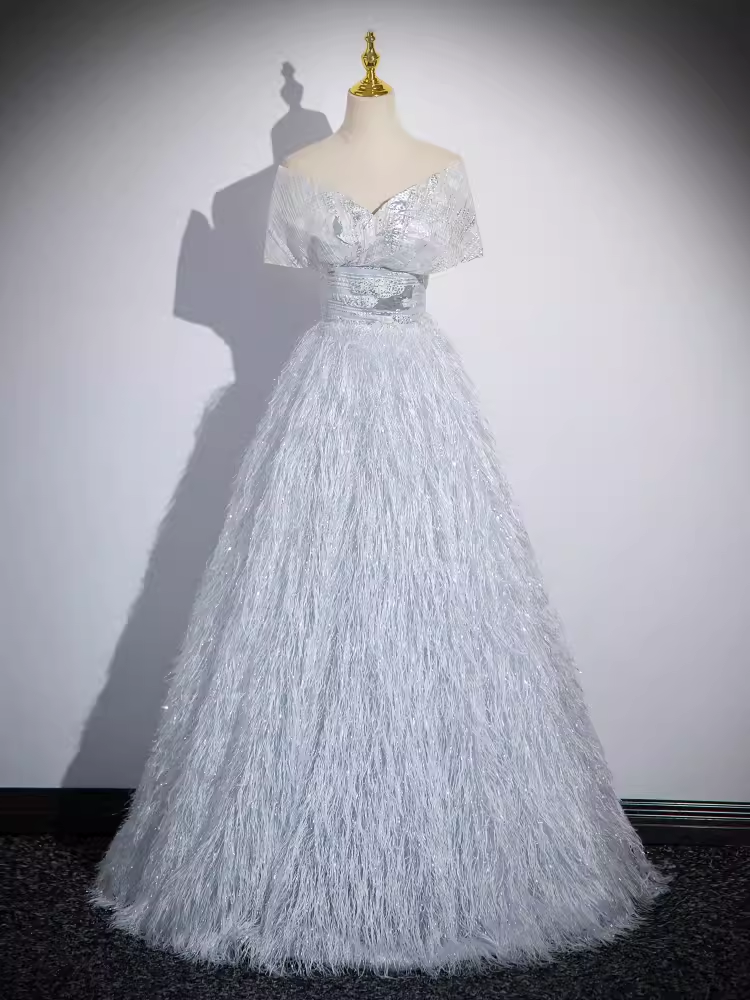 Sparkly A Line Off The Shoulder Silver Gray Feathers Long Prom Dress B170