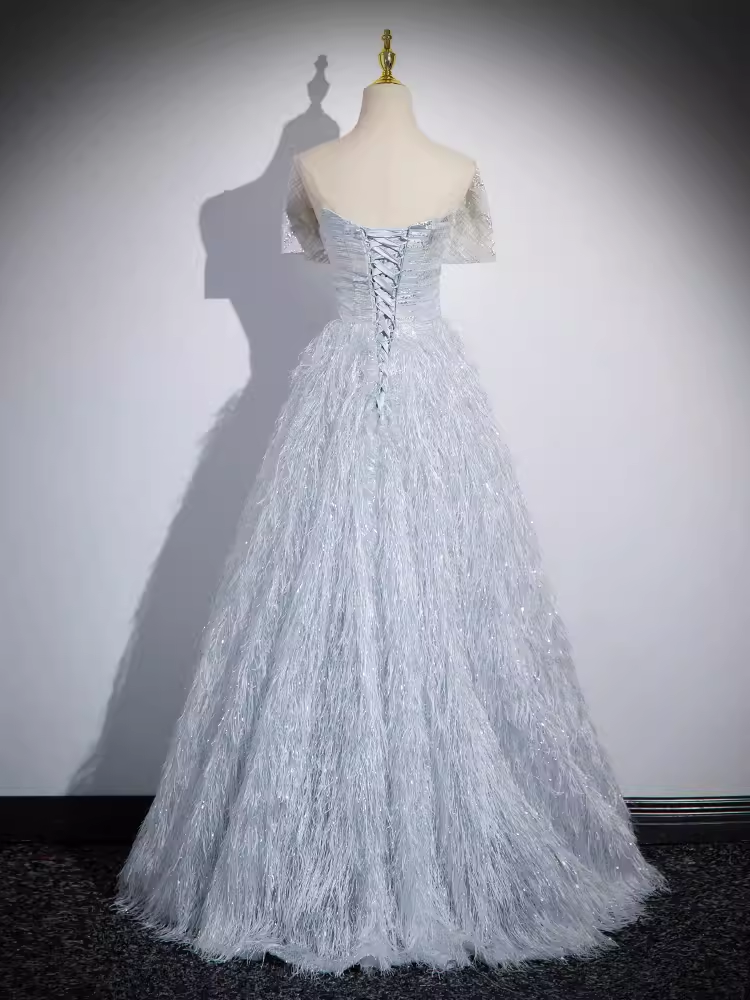 Sparkly A Line Off The Shoulder Silver Gray Feathers Long Prom Dress B170