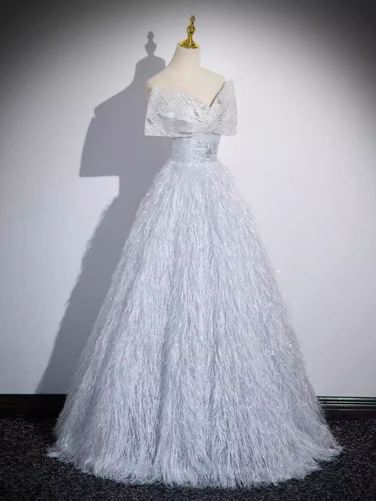 Sparkly A Line Off The Shoulder Silver Gray Feathers Long Prom Dress B170