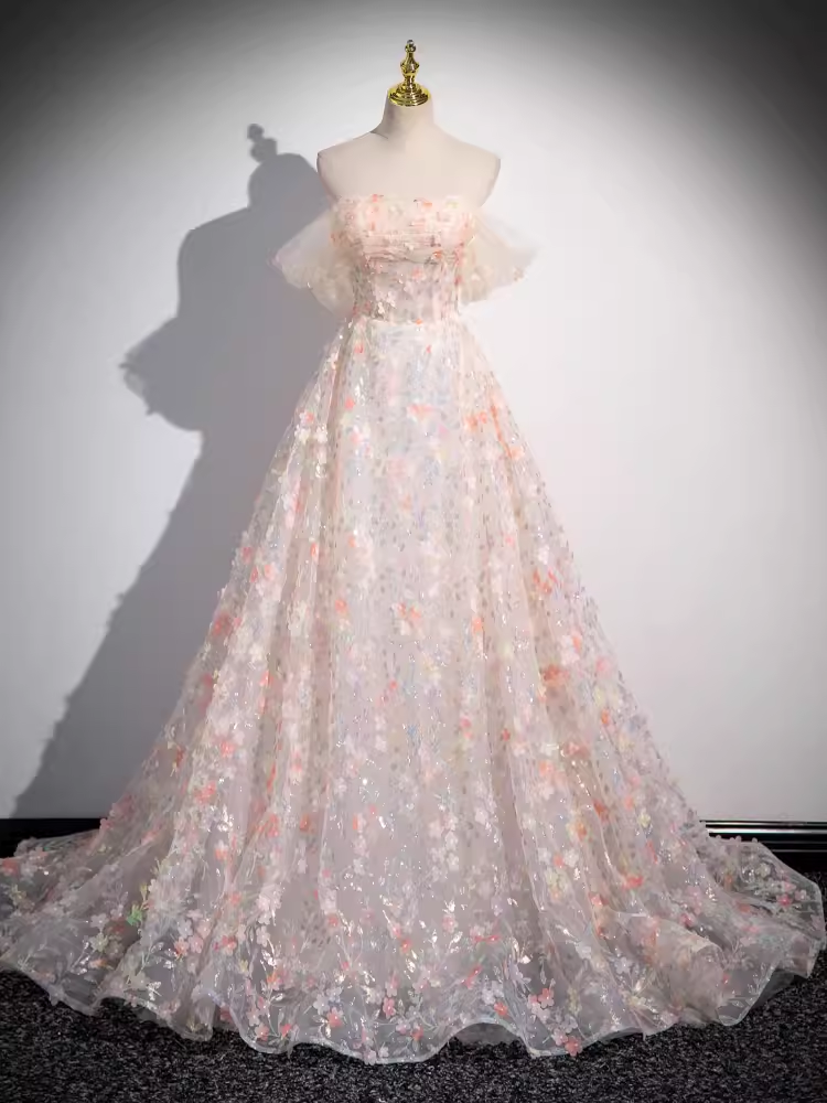 Beautiful A line Strapless Floral Long Prom Dress B176