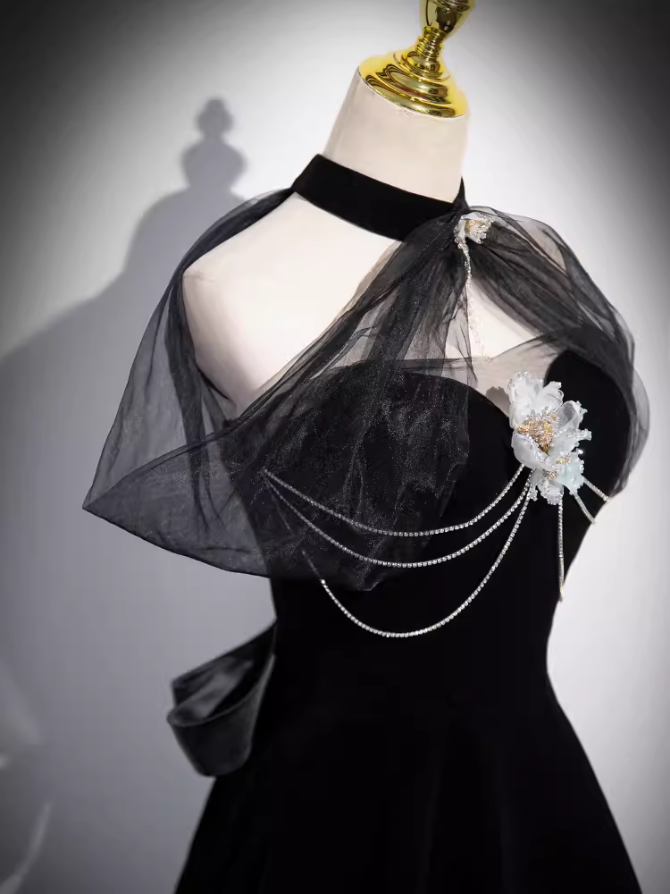 Simple A line High Neckline Velvet Black Long Prom Dress B179