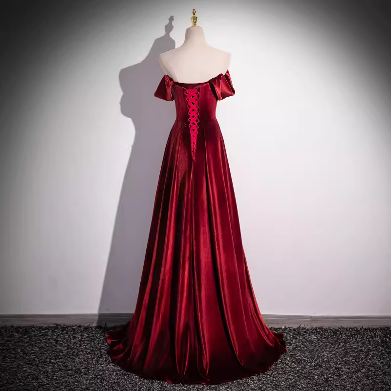 Robe de bal longue en velours bordeaux, ligne A simple, sans bretelles, B181